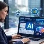business woman using AI tools on laptop for business automation and productivity