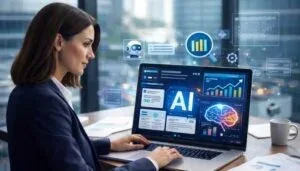 business woman using AI tools on laptop for business automation and productivity
