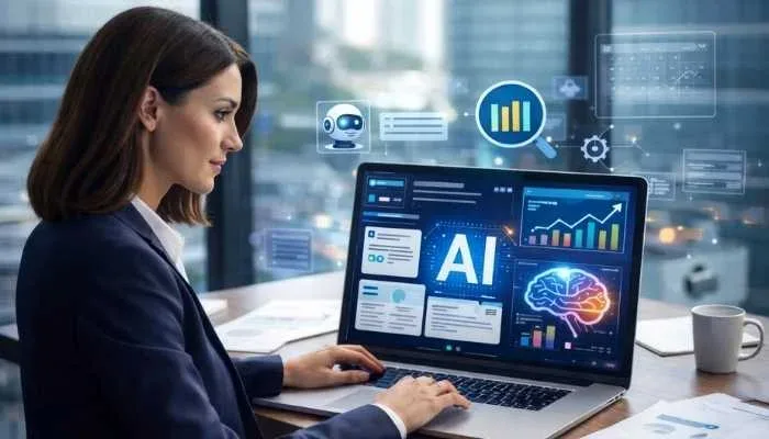 business woman using AI tools on laptop for business automation and productivity