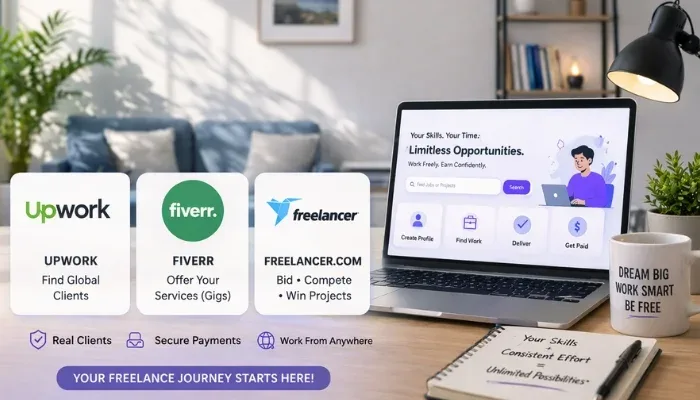 best freelancing platforms for beginners shown on laptop with Upwork Fiverr Freelancer and PeoplePerHour options -Todaybusinestrends