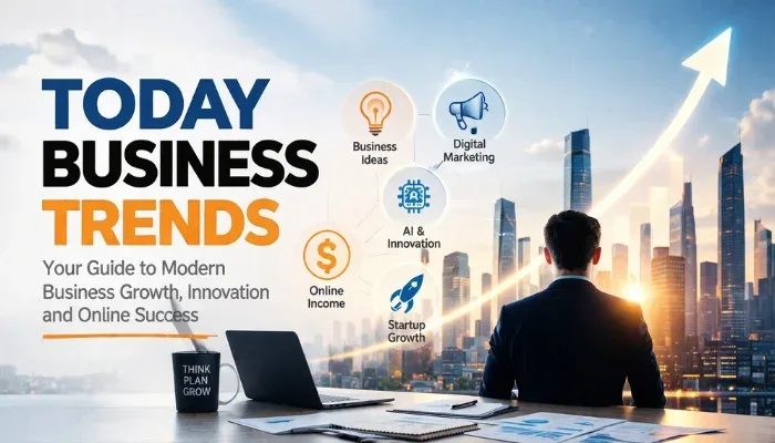 Today Business Trends banner showing business growth, AI innovation, digital marketing, and online income strategies - Todaybusinesstrends.com