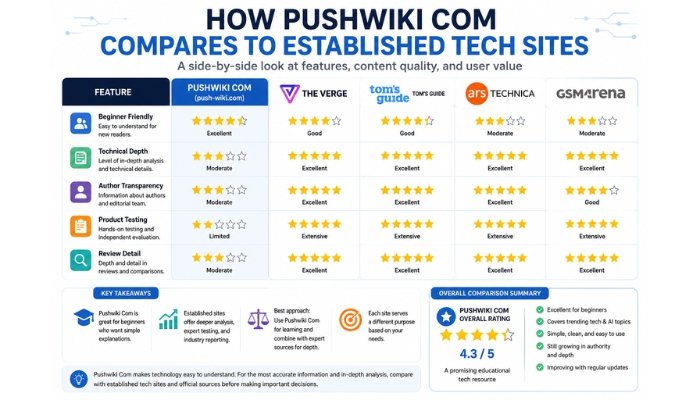 Comparison infographic showing how Pushwiki Com compares to established tech websites like The Verge, Tom's Guide, Ars Technica, and GSMArena across features such as beginner friendliness, technical depth, author transparency, product testing, and review quality.